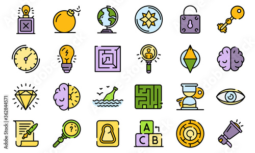 Quest icons set. Outline set of quest vector icons thin line color flat on white