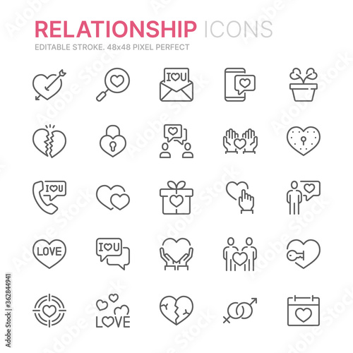 Fototapeta Naklejka Na Ścianę i Meble -  Collection of romantic relationship and love related line icons. 48x48 Pixel Perfect. Editable stroke