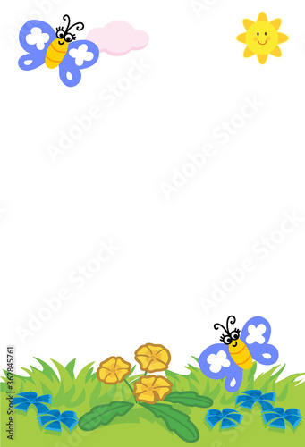 Butterfly on grass cartoon frame for kids vector illustration