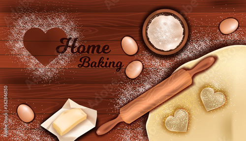 Home bakery concept with dough, rolling pin, flour, butter, egg on wooden table background. Vector culinary flat lay with heart shaped cookies, bowl in realistic style. Pastry making ingredients