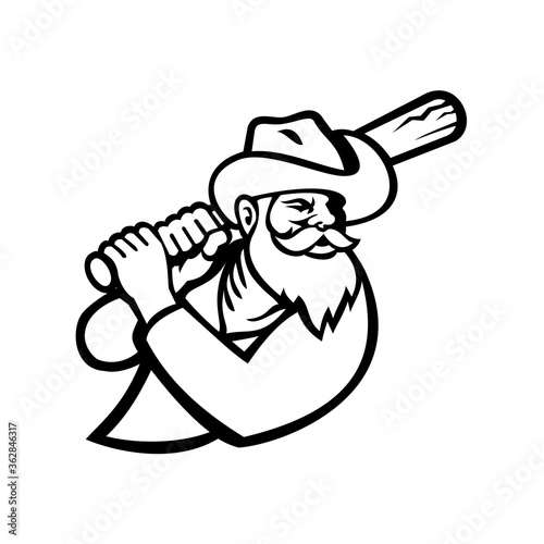 Miner With Baseball Bat Batting Side View Mascot Black and White