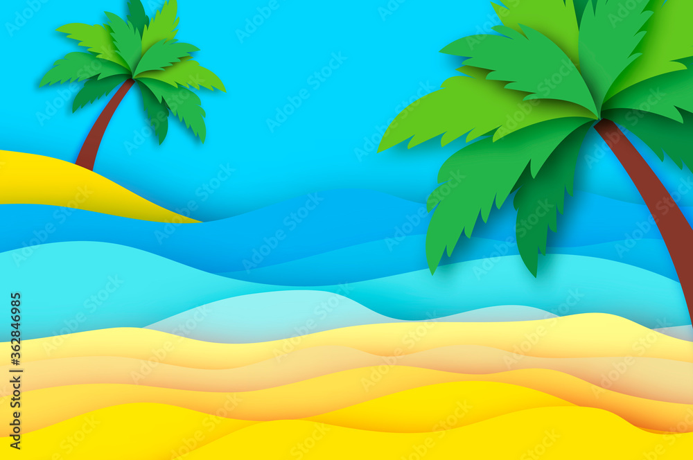 Seaside landscape in paper cut style. Nobody under the green palm trees on Seashore. Time to travel. Tropical beach. Summer holidays.