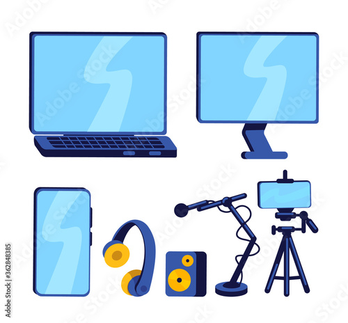 Equipment for vlogger flat color vector object set
