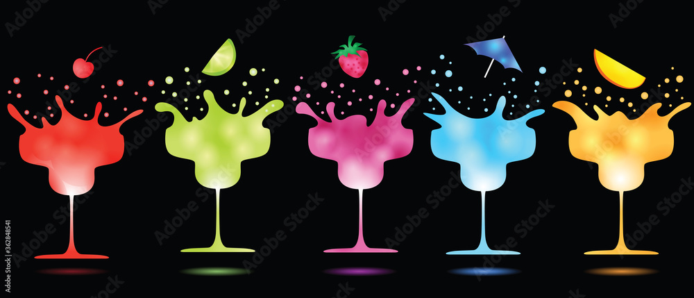 fruit falling into splashing cocktails in margarita glasses on black background, neon colors vector illustration for drink menu, nightlife, disco club and bar fruit falling into splashing cocktails in margarita glasses on black background, neon colors vector illustration for drink menu, nightlife, disco club and bar