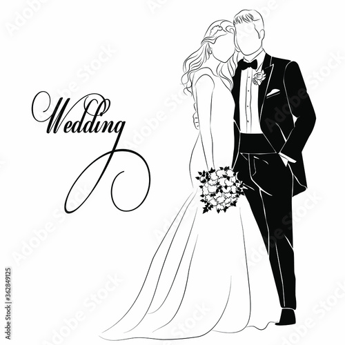 Vector illustration of a standing bride and groom with a bouquet. Image of a bride in a long dress. Linear sketch of a wedding.