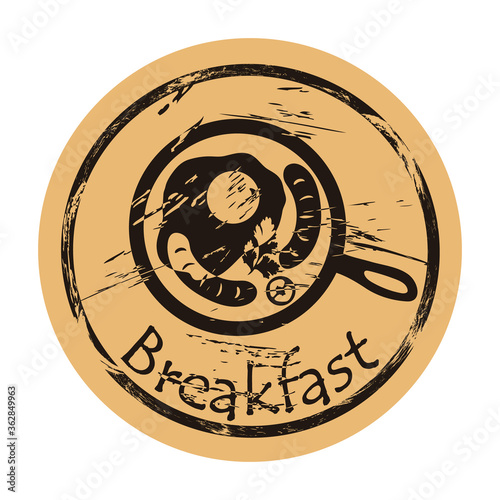Fried eggs in a frying pan with tomatoes, sausage. Healthy brunch with fresh homemade meal. Traditional food International cuisine. 
Icon in old retro style. Morning meal shape vintage grunge sign.
