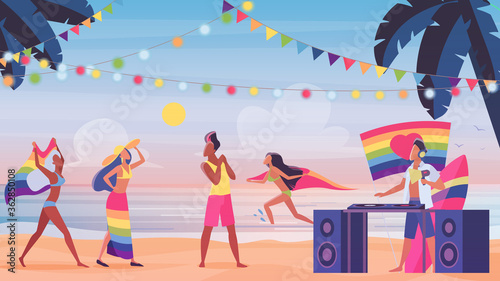 People in LGBT pride beach party vector illustration. Cartoon flat LGBT diversity community with rainbow flag, lesbian transgender bisexual gay characters have fun on beach holiday event background