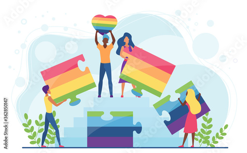 LGBT pride concept vector illustration. Cartoon flat tiny free LGBT characters group holding rainbow puzzle, connecting jigsaw pieces in hands, community cooperation, sexual freedom isolated on white