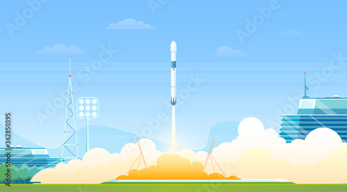 Rocket launch vector illustration. Cartoon flat science spaceship station, heavy rocket shuttle or speed spacecraft launching with fire and smoke cloud into space galaxy panoramic landscape background