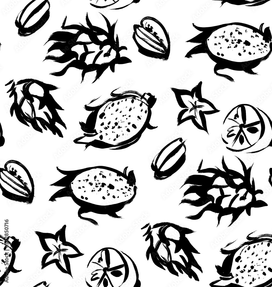 Fototapeta premium tropical fruit print black and white pattern painted with a dry brush for the production of fabrics and textiles and surface design