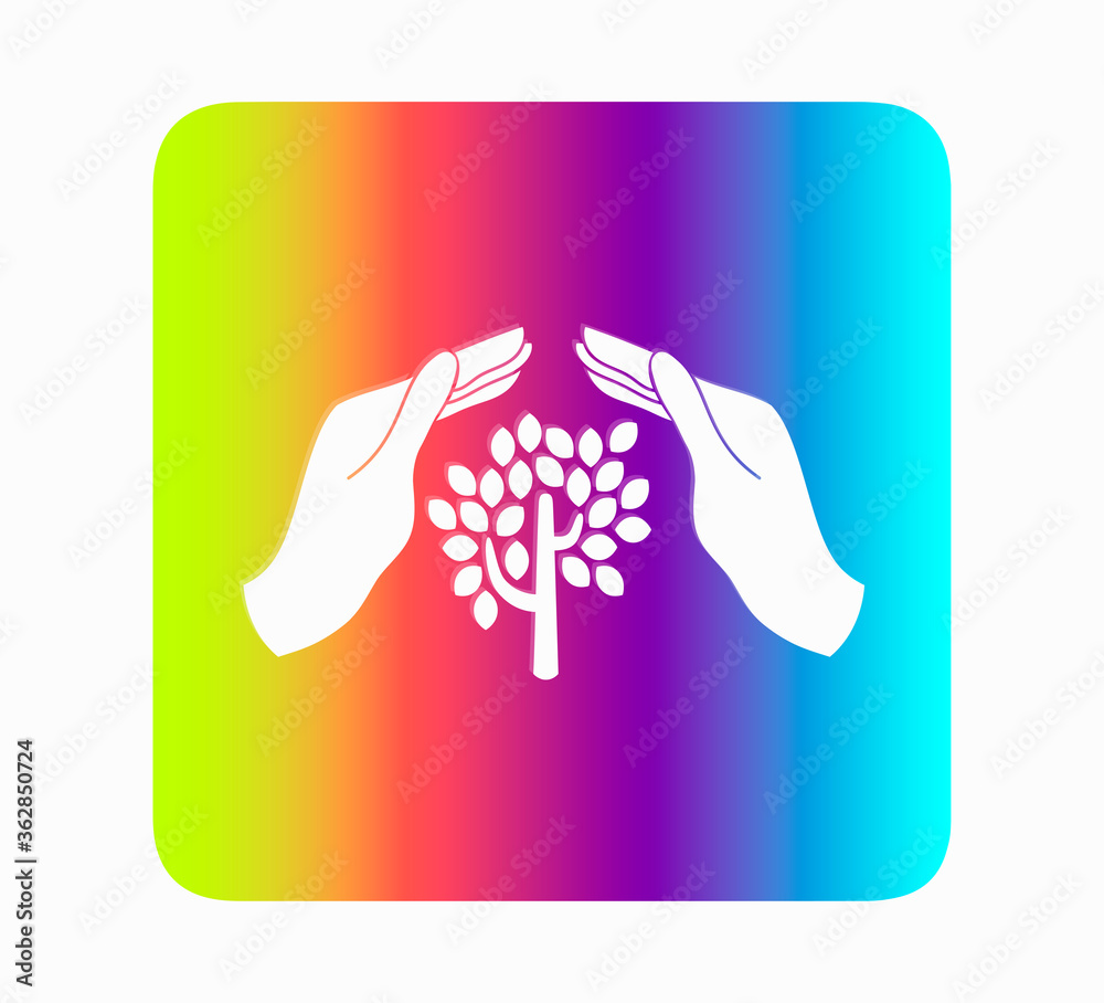 Fototapeta premium Flat vector icon tree and hands on neon background - environment