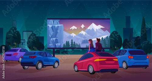 People in car cinema concept vector illustration. Cartoon couple driver characters sitting, watching movie at big screen of open air cinema theater, outdoor festival car film party at night background
