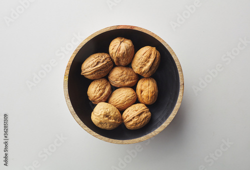 top view shot of walnut on white background.