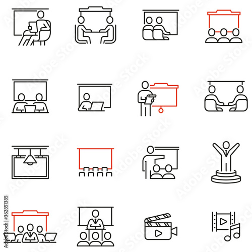 Vector set of linear icons related to career training, seminar, conference and presentation. Mentor, Presenter and Teacher. Mono line pictograms and infographics design elements - part 2