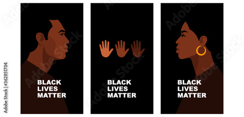 Black Lives Matter. Banner. Male and Female face close up. Hands with different skin colors. Black citizen is fighting for social equality, justice and rights. Black background with copy space.