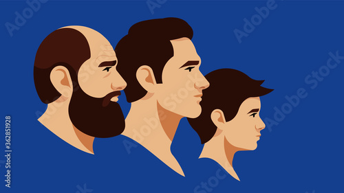 Portrait of grandpa, father and son. Different generations on the male line. Brunette men of different ages. Side view. Vector illustration in modern style. Blue background.