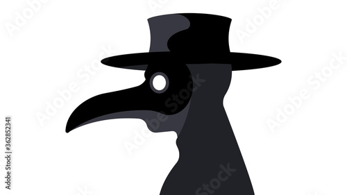 The Plague Doctor. A theater character in a mask with a long nose. Man in a costume on a white background. Concert of epidemics, diseases and treatment.