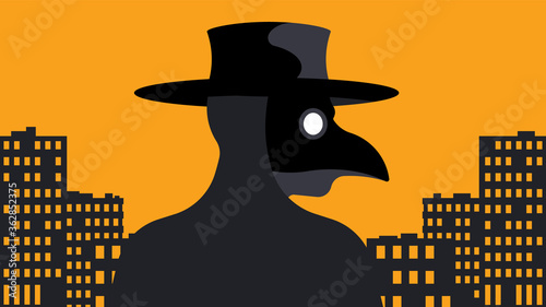 The plague doctor. A theater character in a mask. Night city on a yellow background. Concert of epidemics, diseases and treatment.