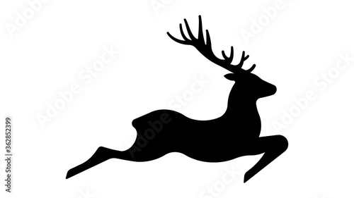 Silhouette of a deer in motion. Black deer with big horns. Template, template on a white background.
