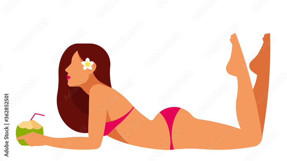 Fototapeta premium Beautiful woman in the red bikini with coconut cocktail. Model posing on the beach. Body, tan, slim figure. Concept of summertime, sunbathing, vacation and relaxing on the beach. Template, side view.