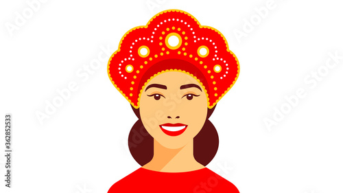 Kokoshnik. Smiling beautiful girl in Russian national headdress. A woman isolated on a white background.