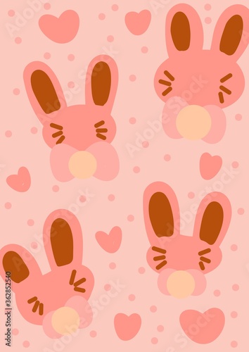 Vintage pastel pink cute bunny pattern chocolate pastel baby cartoon background, animal pattern, hand draw doodle comic art illustration