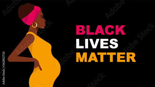 Black Lives Matter. Pregnant woman  in yellow dress. Black woman is fighting for social equality, justice and rights. Black background with copy space.