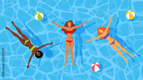 Woman swimming in the pool. Young smiling models floating on water. Blue water swimpool with beach balls. Summertime, summer vibes, top view, holidays. Vector illustration in flat trendy style. © Atlas Illustrations