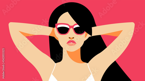 Beautiful woman in the white bikini and sunglasses. Sexy model posing with hands raised. Close-up portrait. Concept of summertime,  sunbathing, relaxing on the beach. Modern vector illustration.