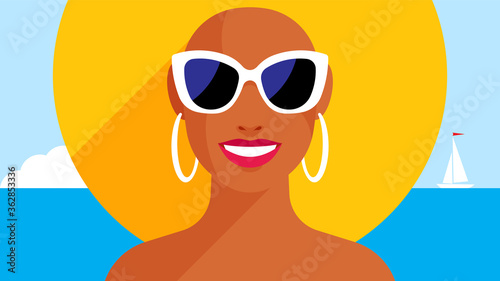 Beautiful sexy woman in the sunglasses and Straw hat. Sea and boat on blue background. Close-up portrait of a pretty girl. Concept of summertime, sunbathing, vacation. Modern illustration.