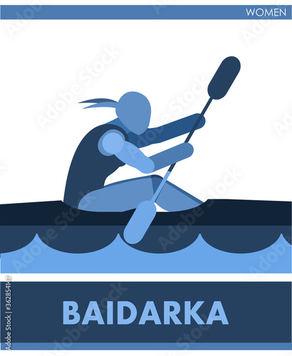Baidarka. Water Sports. Women's competition. Vector. Icon, pictogram. Summer international sport. Girls. Women contest. Symbol of the championship