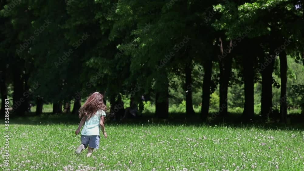 A little girl runs after a butterfly on a green lawn with flowering clover A little girl runs after a butterfly on a green lawn with flowering clover