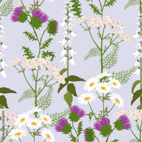 Beautiful carpet of wildflowers. Seamless vector illustration. For textile decoration, packaging, web design.