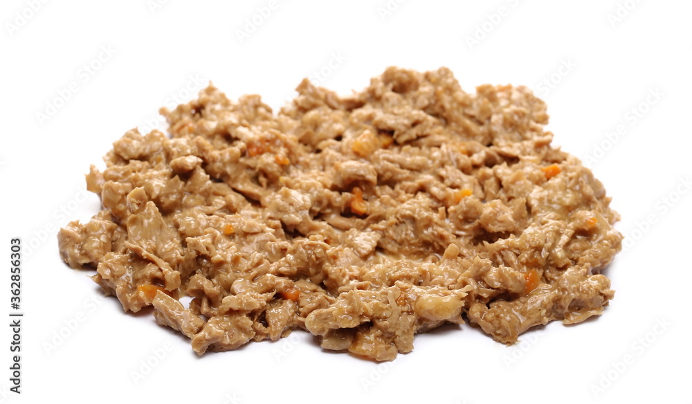 Cat food with chicken and carrot chunks pile isolated on white background Cat food with chicken and carrot chunks pile isolated on white background