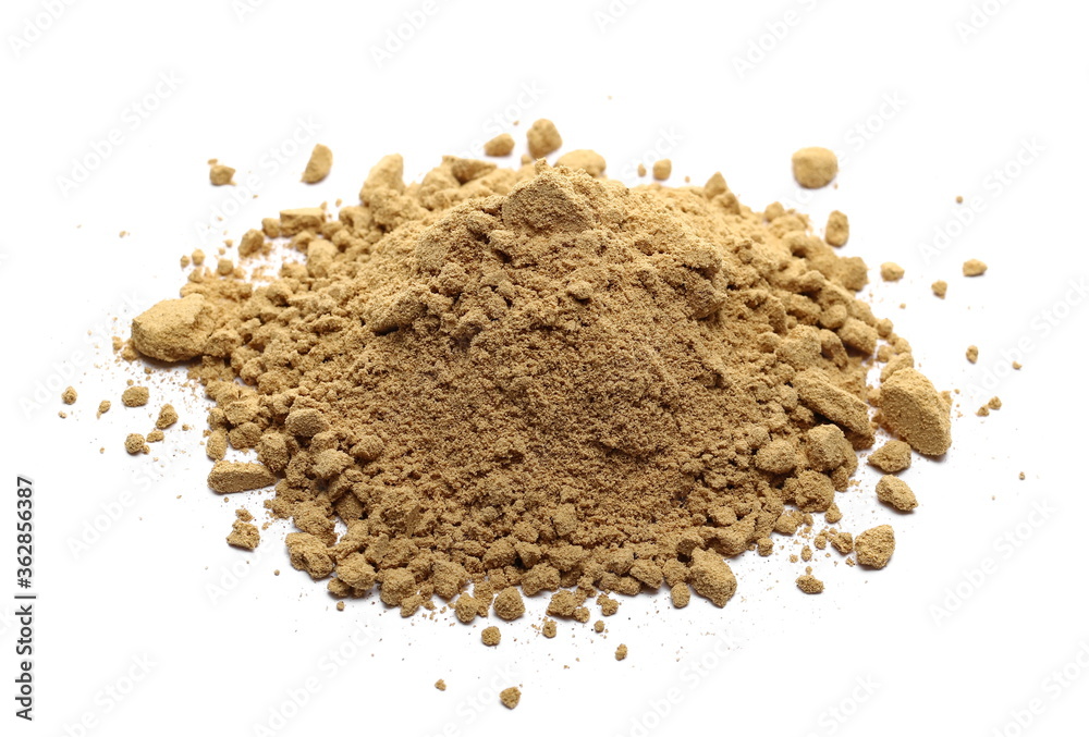 Ginger root powder isolated on white background, Zingiber officinale Ginger root powder isolated on white background, Zingiber officinale