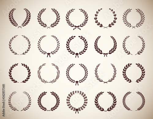 Collection of different vintage silhouette circular laurel foliate, wheat and oak wreaths depicting an award, achievement, heraldry, nobility. Vector illustration.