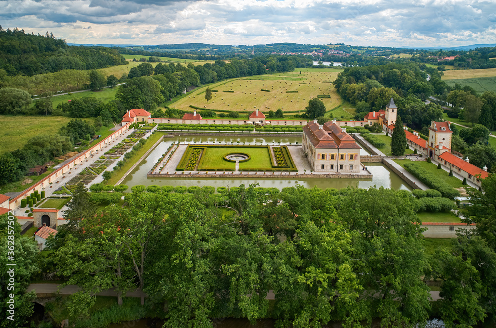 Kratochvile chateau. Aerial view of a picturesque renaissance manorial residence surrounded by a park located in the south Bohemian countryside, Czech Republic.