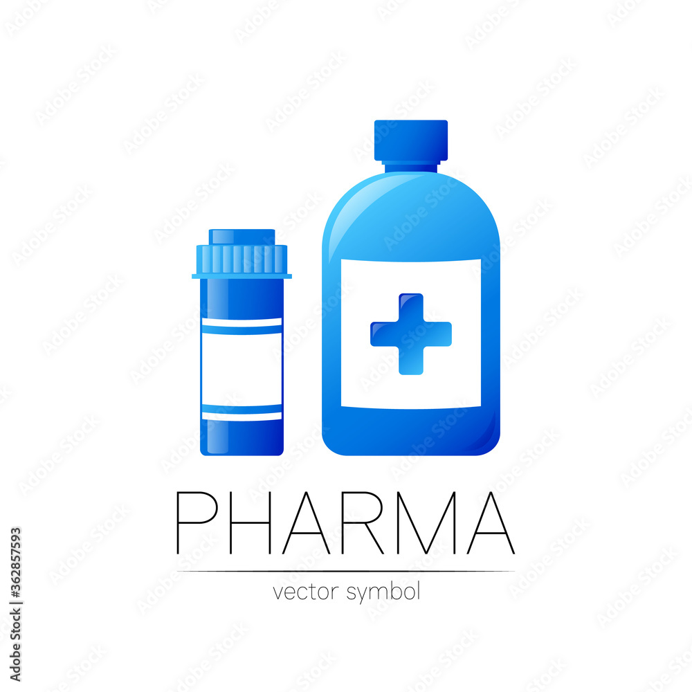 Pharmacy vector symbol with 2 blue pill bottles and cross for pharmacist, pharma store, doctor and medicine. Modern design vector logo on white background. Pharmaceutical icon logotype . Human health Pharmacy vector symbol with 2 blue pill bottles and cross for pharmacist, pharma store, doctor and medicine. Modern design vector logo on white background. Pharmaceutical icon logotype . Human health