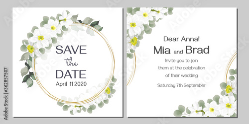 Floral template for your wedding. Beautiful white daffodils, green plants and leaves, a round golden frame. Greeting card for your text.