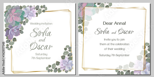 Template for your wedding invitation. Vector illustration. Juicy succulents, eucalyptus leaves, square golden frame.