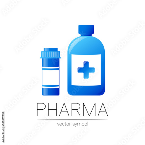 Pharmacy vector symbol with 2 blue pill bottles and cross for pharmacist, pharma store, doctor and medicine. Modern design vector logo on white background. Pharmaceutical icon logotype . Human health