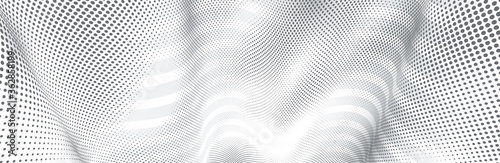 Vector abstract monochrome dotted texture and lines background with dimensional perspective, technology and science theme, big data flow, geometric 3D design.