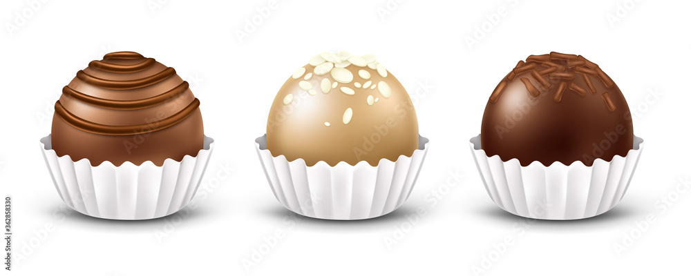 3d realistic vector chocolate candies with different toppings, isolated on white background. Dark, milk and white chocolate sweets, praline or truffle with white corrugated paper wrapper. 3d realistic vector chocolate candies with different toppings, isolated on white background. Dark, milk and white chocolate sweets, praline or truffle with white corrugated paper wrapper.