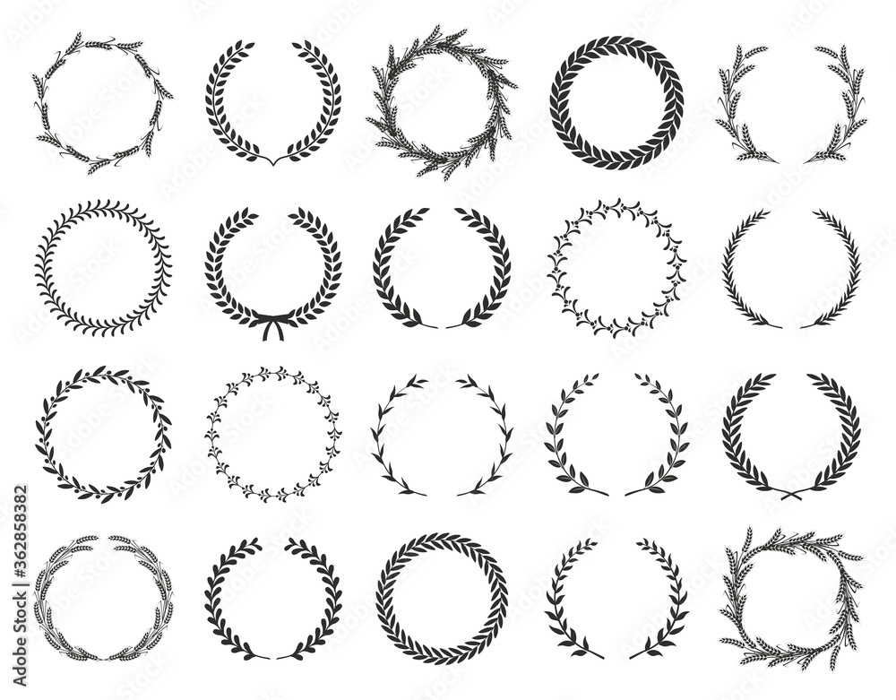 Collection of different black and white silhouette circular laurel foliate, wheat and oak wreaths depicting an award, achievement, heraldry, nobility. Vector illustration.