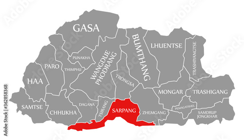 Sarpang red highlighted in map of Bhutan photo