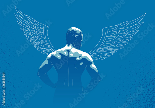 Winged angel with muscular strong body back view vector illustration, guardian angel concept, the power of good, strength of good.