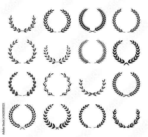 Collection of different black and white silhouette circular laurel foliate, wheat and oak wreaths depicting an award, achievement, heraldry, nobility. Vector illustration.