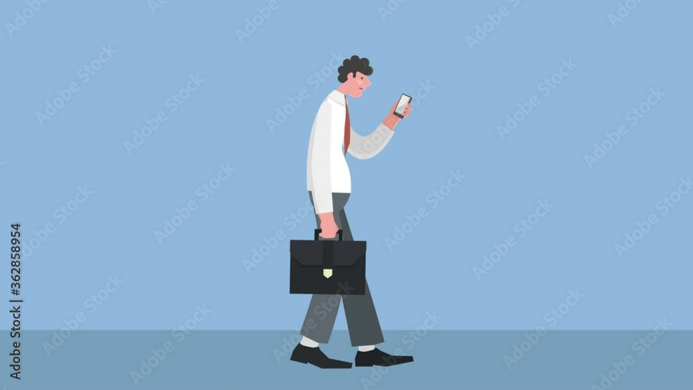 Funny Cartoon Businessman Character Cell Phone Walking Cycle with Briefcase. Side View Animation. Luma matte. Funny Cartoon Businessman Character Cell Phone Walking Cycle with Briefcase. Side View Animation. Luma matte.