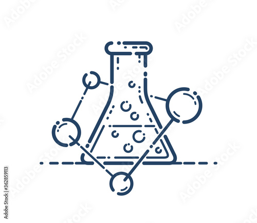 Chemical flask and molecule connections vector simple linear icon, science chemistry line art symbol, laboratory research.