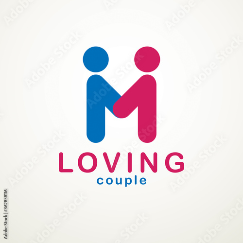 Happy couple simple vector logo or icon created with people geometric signs in a shape of arrows. Tender and loving relationship of man and woman, boyfriend and girlfriend.